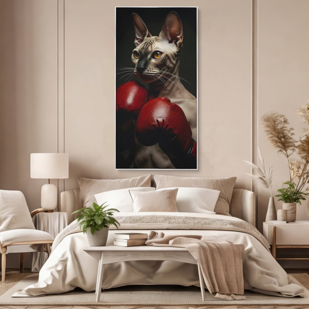 Tablou canvas cu tablou canvas cu motan sphynx boxer, in rama de aluminiu argintiu, pe perete intr-un dormitor